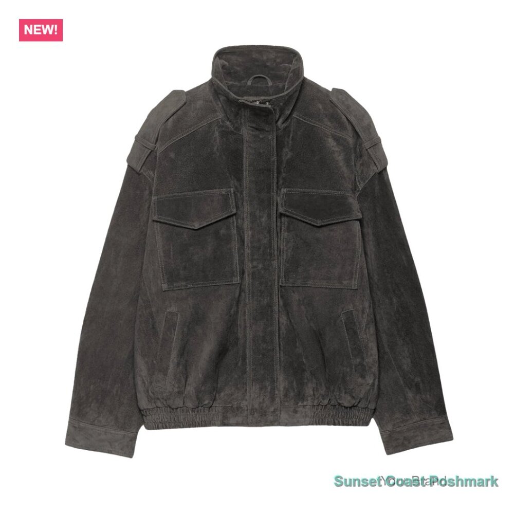 Faux Suede Leather Bomber Jacket Oversized Blazer Zipper Lapel Long Sleeve